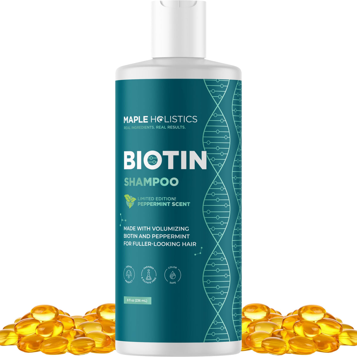 Maple Holistics Volumizing Biotin Shampoo bottle shows sulfate-free formula for fuller-looking hair