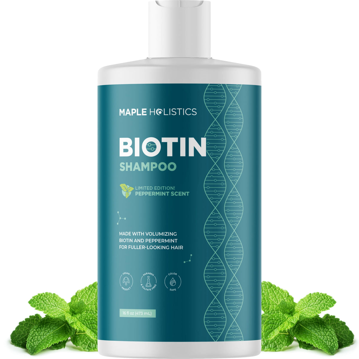 Maple Holistics biotin shampoo bottle with mint scent boosts volume.