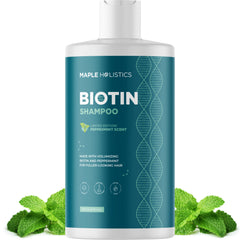 Maple Holistics biotin shampoo bottle with mint scent boosts volume.