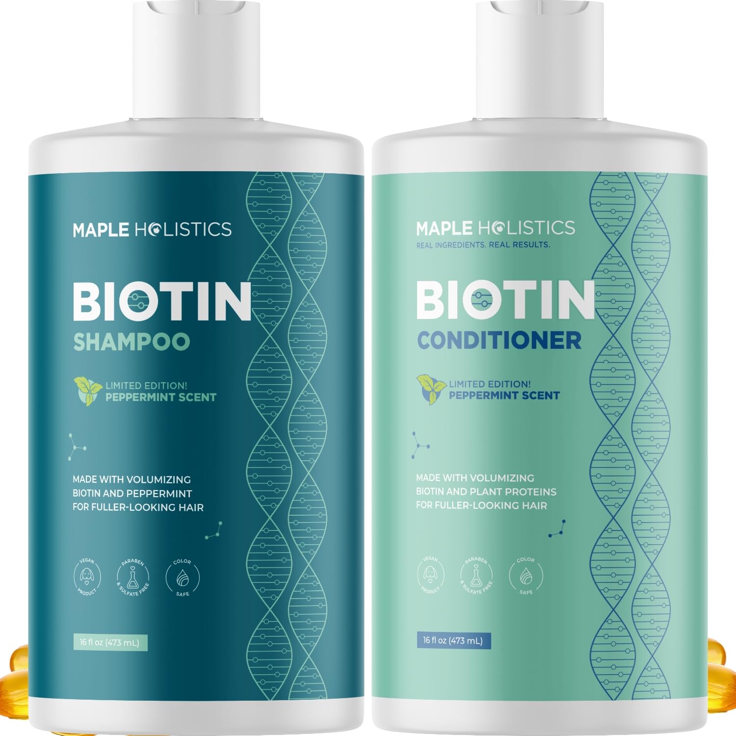 Maple Holistics volumizing biotin shampoo bottle promoting fuller-looking hair