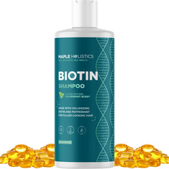 Maple Holistics Volumizing Biotin Shampoo bottle shows sulfate-free formula for fuller-looking hair