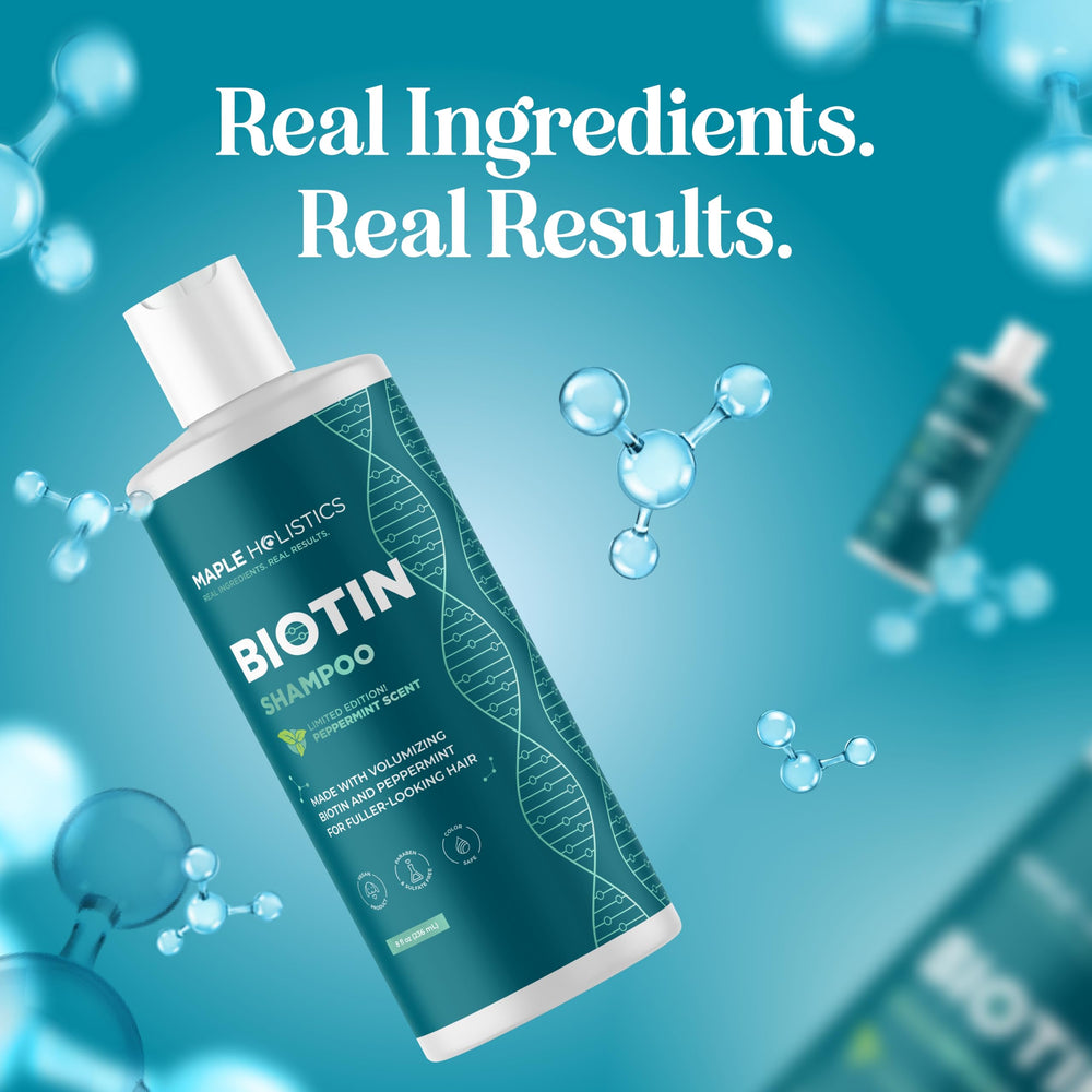 Maple Holistics Volumizing Biotin Shampoo bottle and label branding conveys premium quality