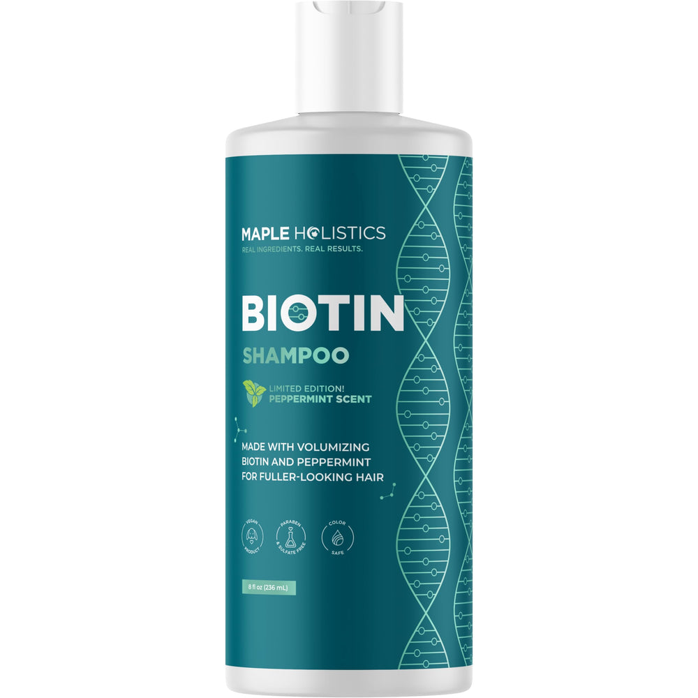 Maple Holistics Volumizing Biotin Shampoo packaging highlights ethical, cruelty-free care