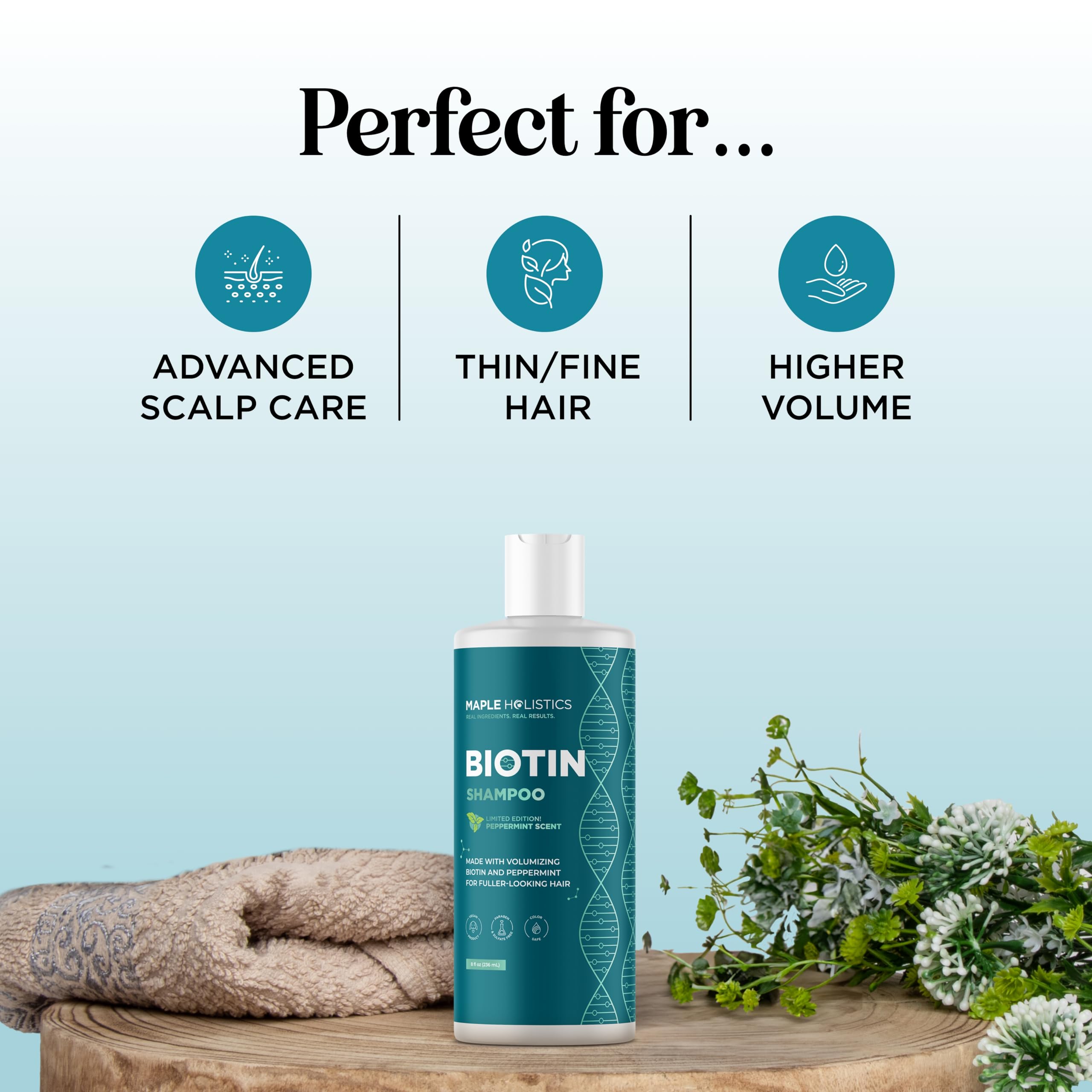 Maple Holistics sulfate-free badge signals gentle cleansing.