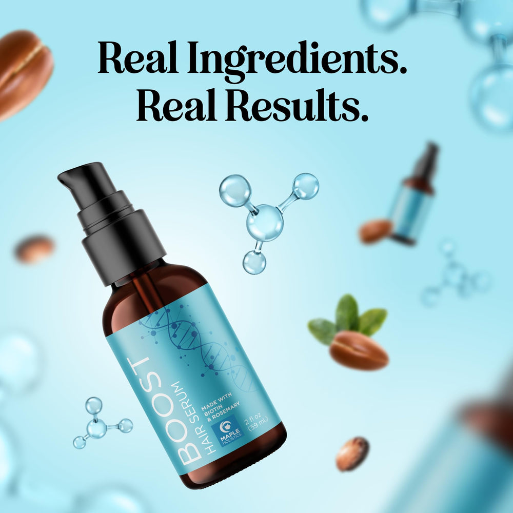 Maple Holistics volumizing serum on shelf with healthy-looking hair results