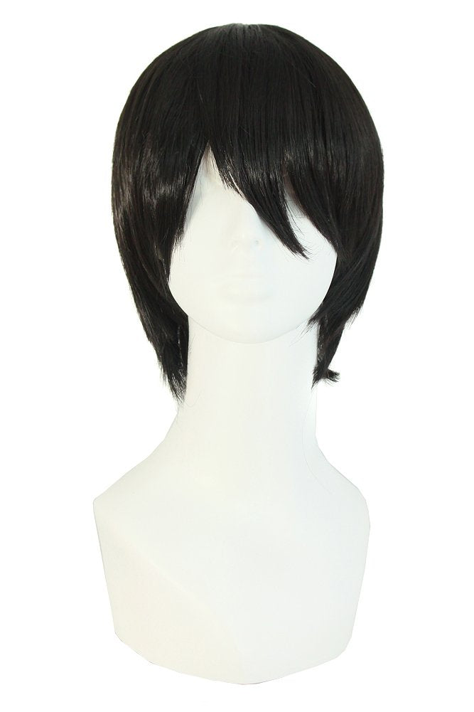 MapofBeauty men's side-bangs wig in black front view showing natural straight texture for versatile styling.