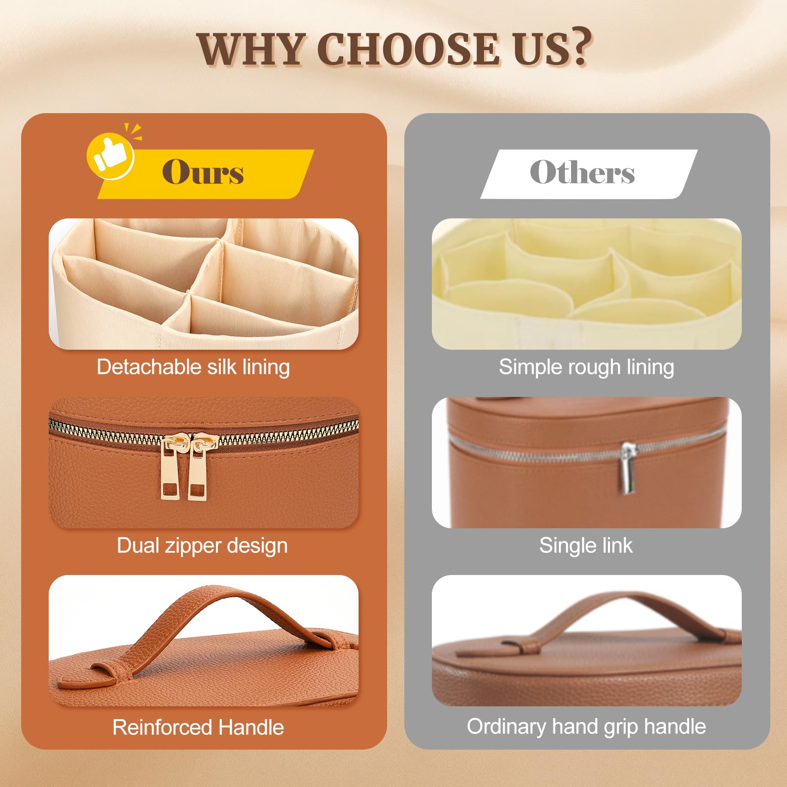 MaqSacion makeup case exterior in brown-pink with satin lining for stylish, gentle-care storage