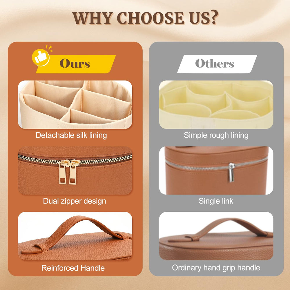 MaqSacion makeup case exterior in brown-pink with satin lining for stylish, gentle-care storage