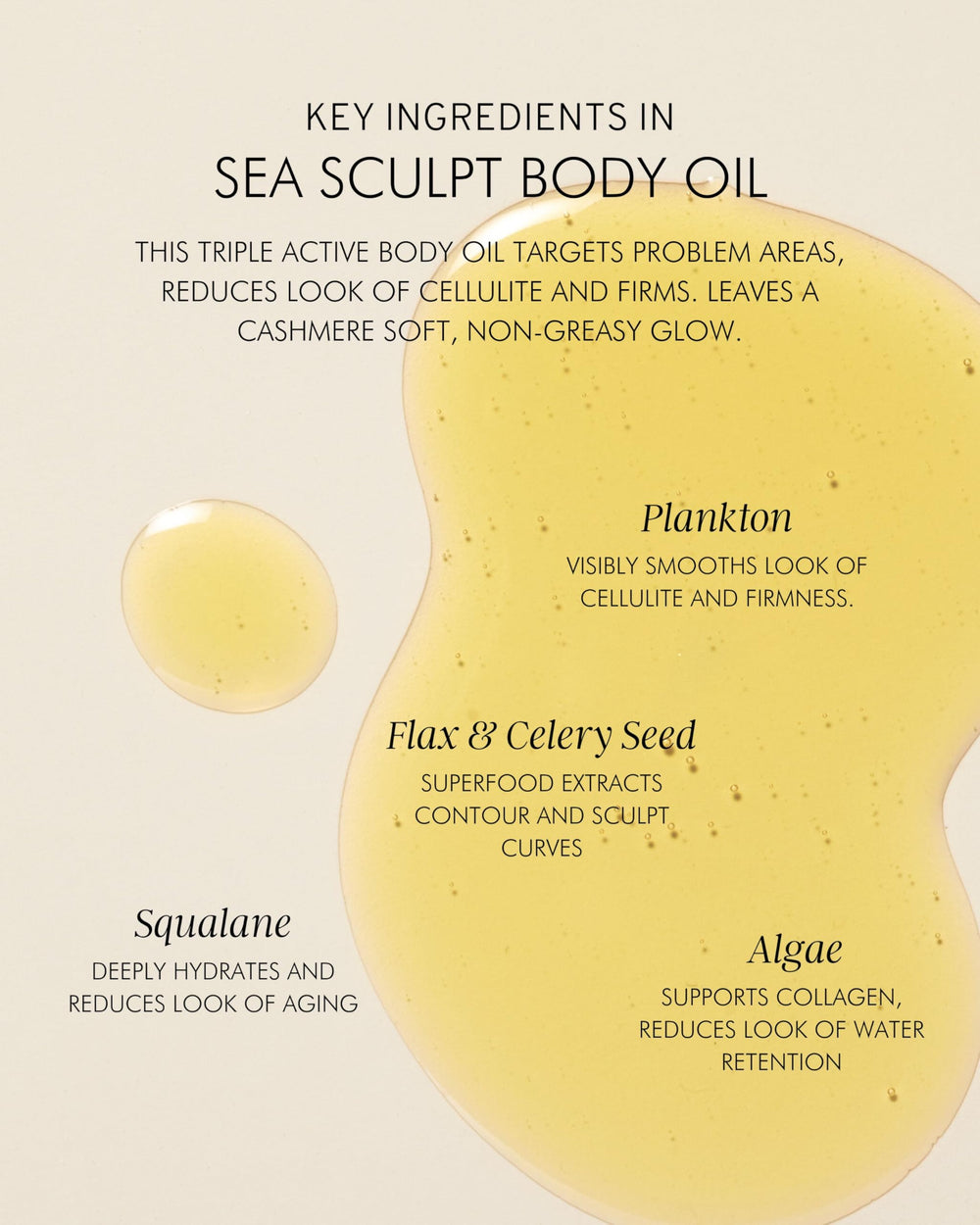 MARA Sea Sculpt Body Oil texture provides cashmere-soft skin and hydrating glow visuals.