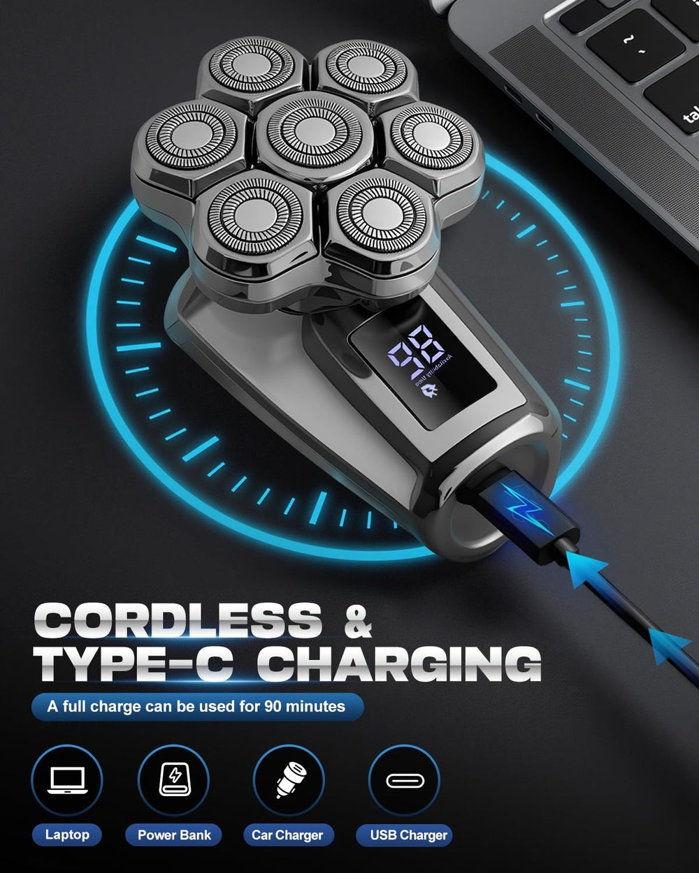 Maraiss head shaver Type-C charging provides fast power top-ups for busy mornings.