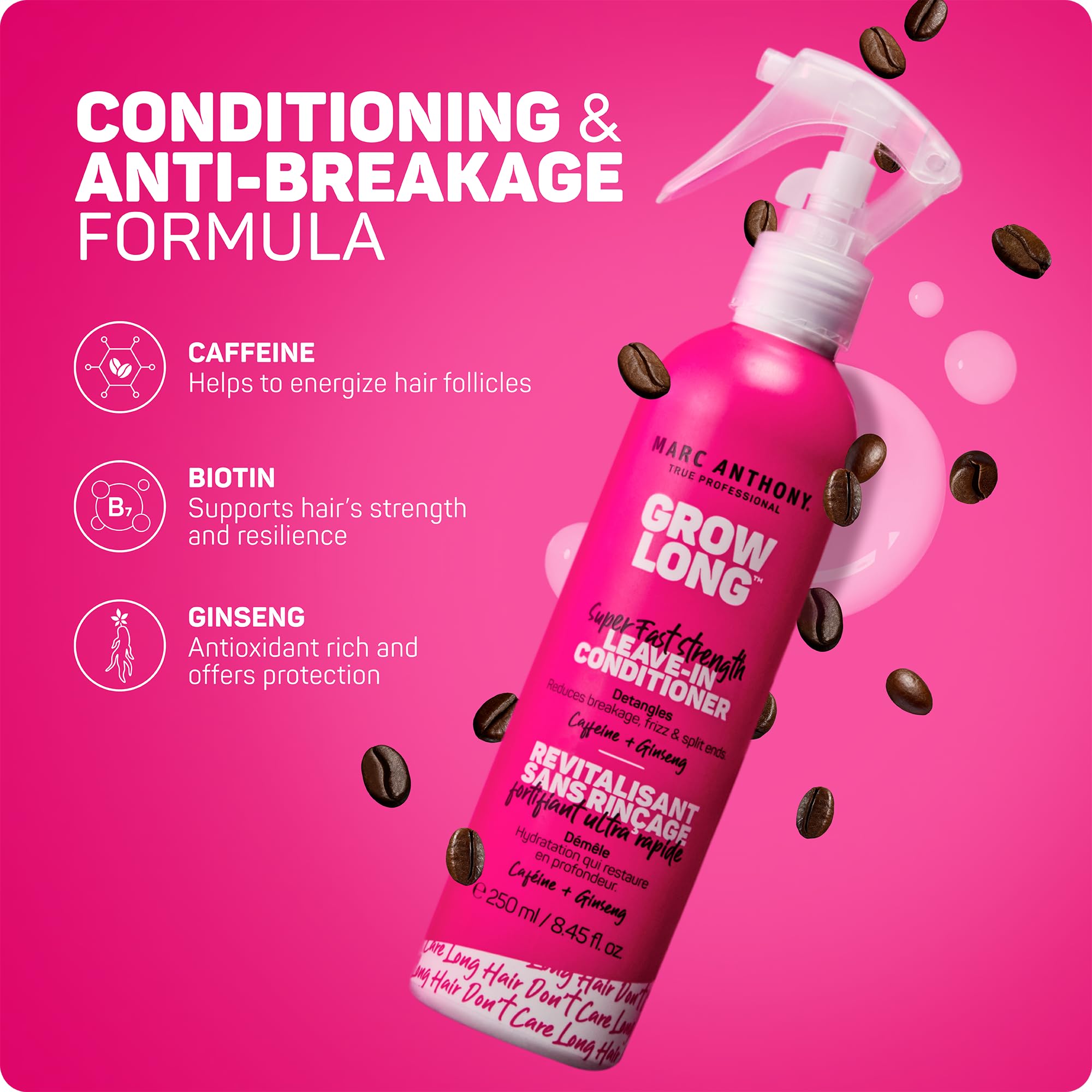 Stylist applying Marc Anthony spray on long hair to improve manageability