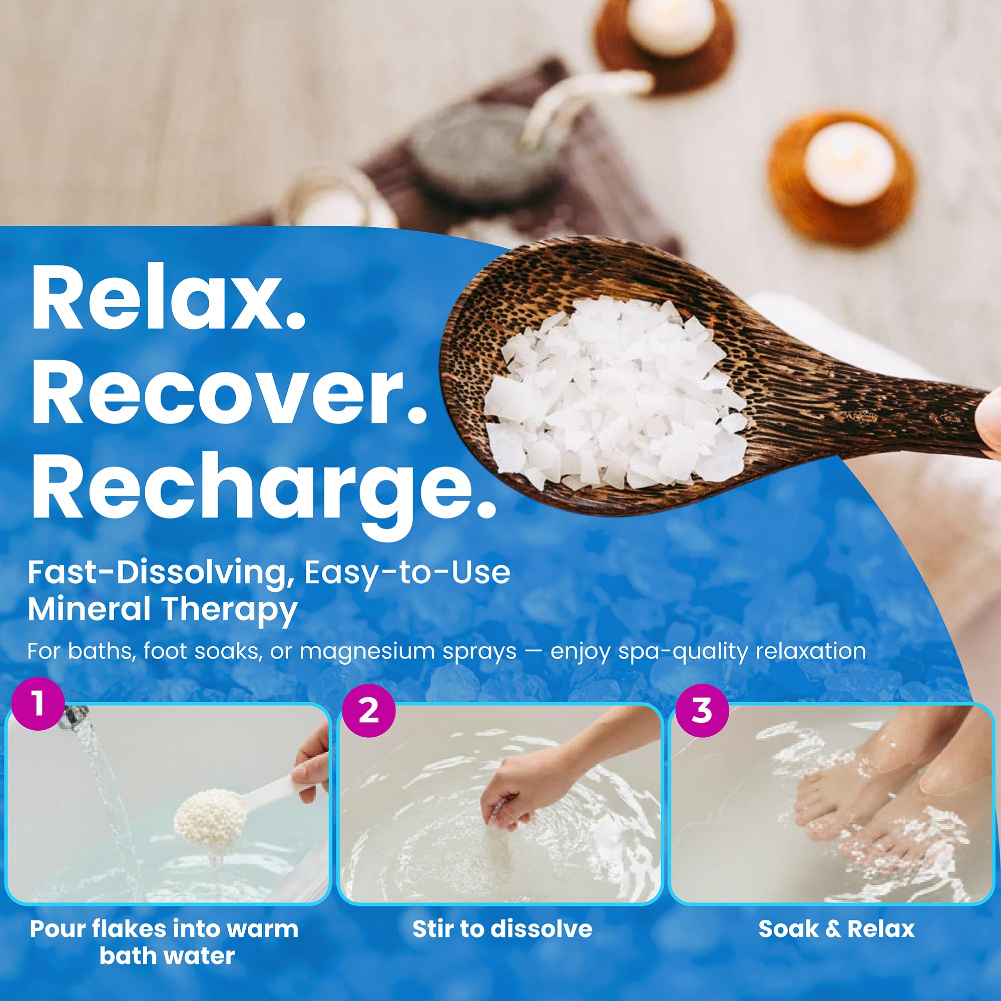 MARCO ESRA Dead Sea Magnesium Flakes in bath tub creating relaxing, silky water