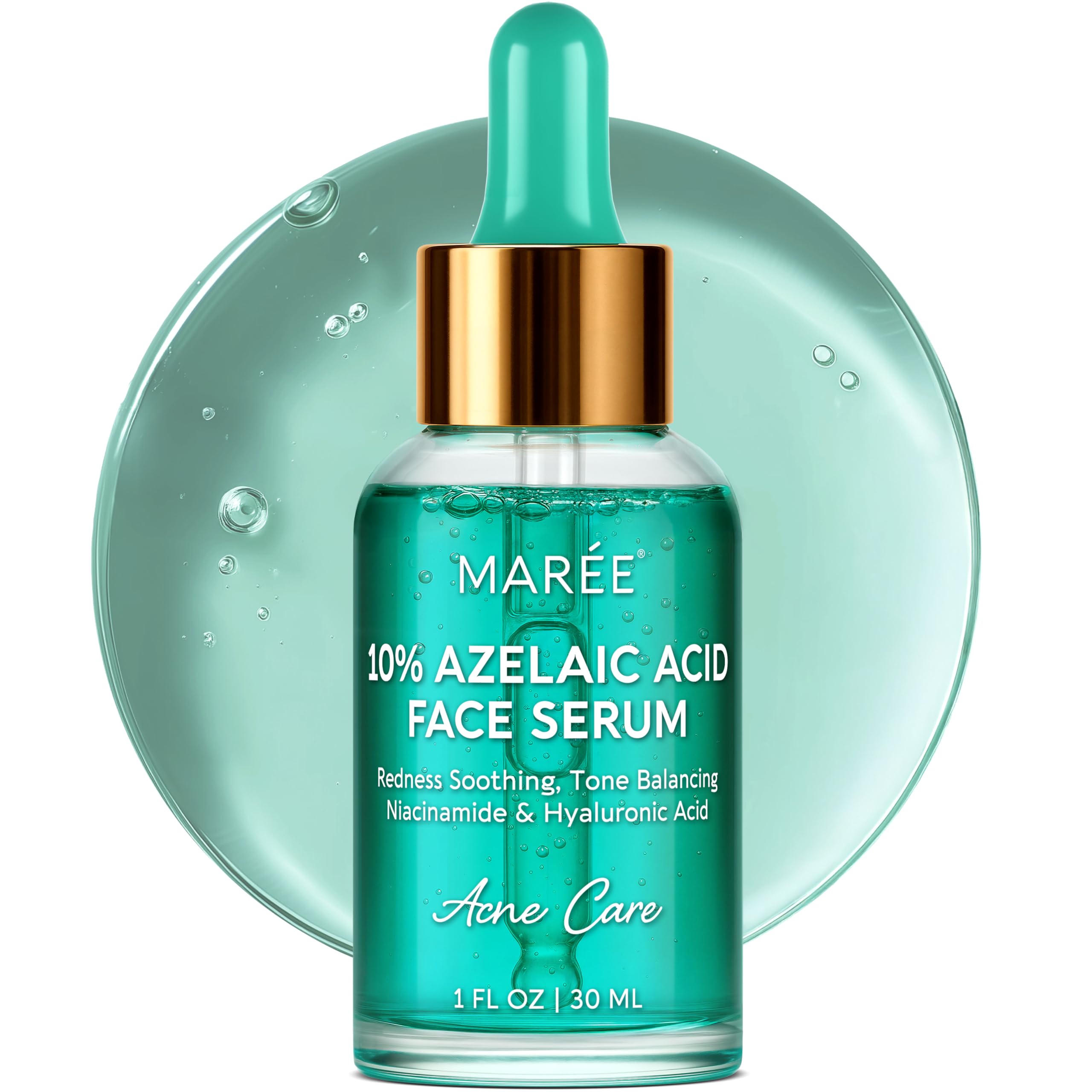 MAREE 10% Azelaic Acid Serum bottle demonstrates calming redness relief in a lightweight formula.