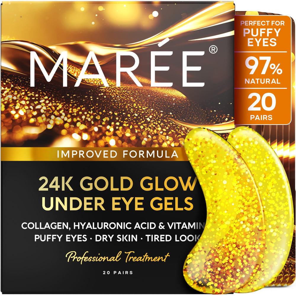 MAREE 24k gold glow under-eye gels packaging showing premium spa depuffing.