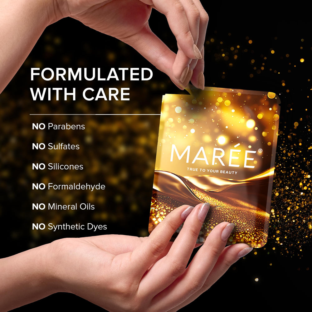 MAREE 24k gold glow under-eye gels on puffy eyes for quick refresh.