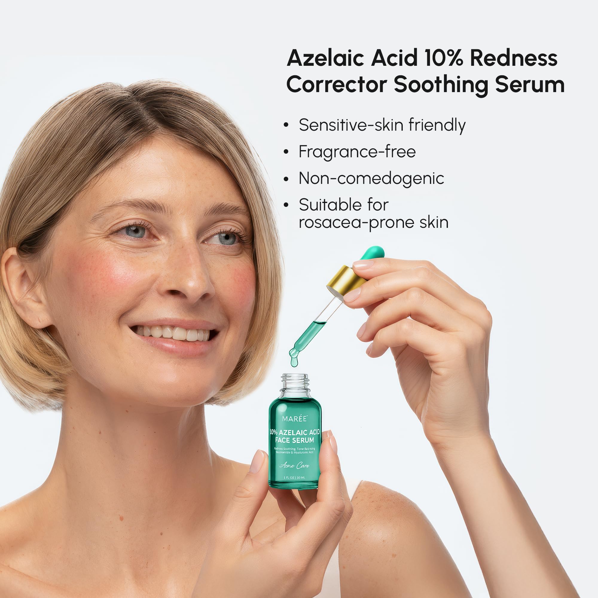 MAREE Azelaic Acid Serum label closeup highlights fragrance-free skincare benefits.