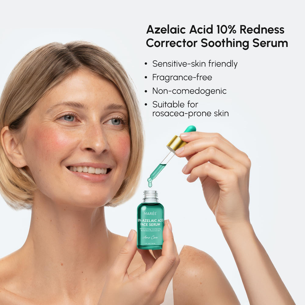 MAREE Azelaic Acid Serum label closeup highlights fragrance-free skincare benefits.