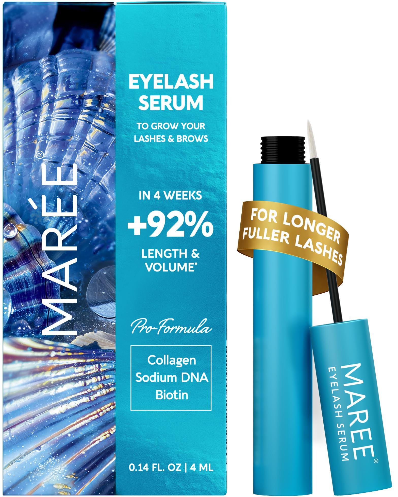 MAREE eyelash serum bottle closeup demonstrates premium lash growth formula for daily use.