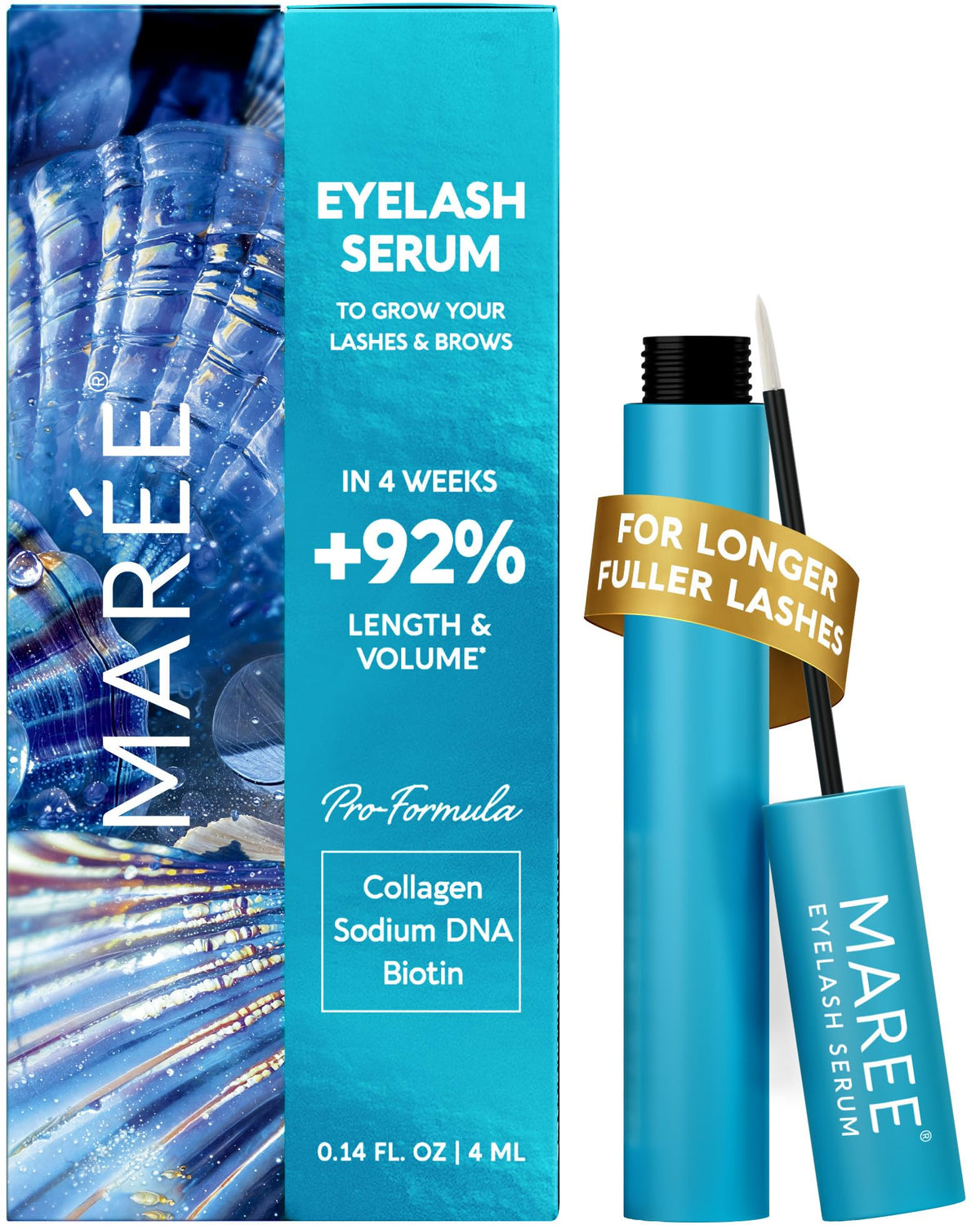 MAREE eyelash serum bottle closeup demonstrates premium lash growth formula for daily use.