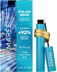 MAREE eyelash serum bottle closeup demonstrates premium lash growth formula for daily use.