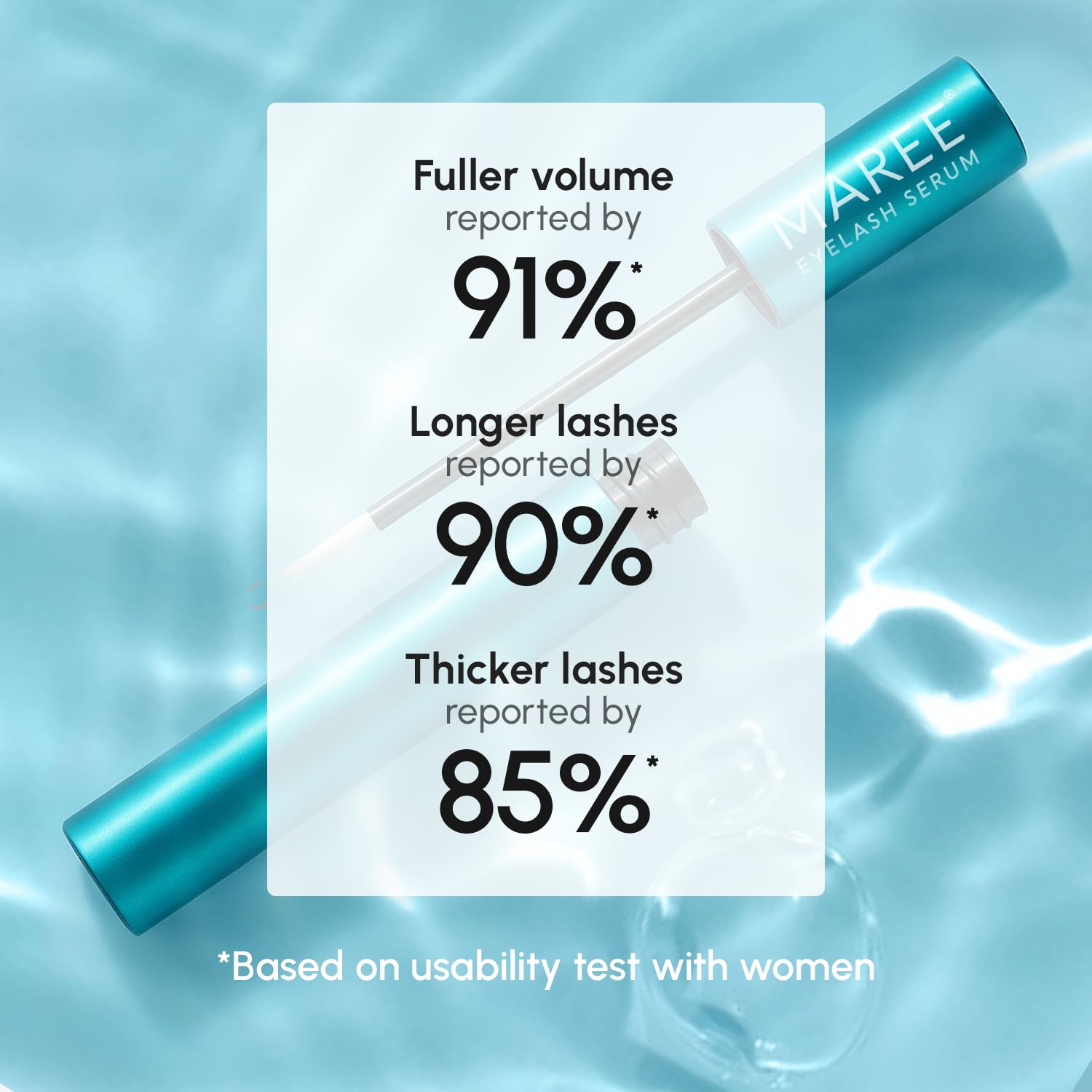 MAREE eyelash serum packaging highlights premium ingredients and easy one-stroke application.