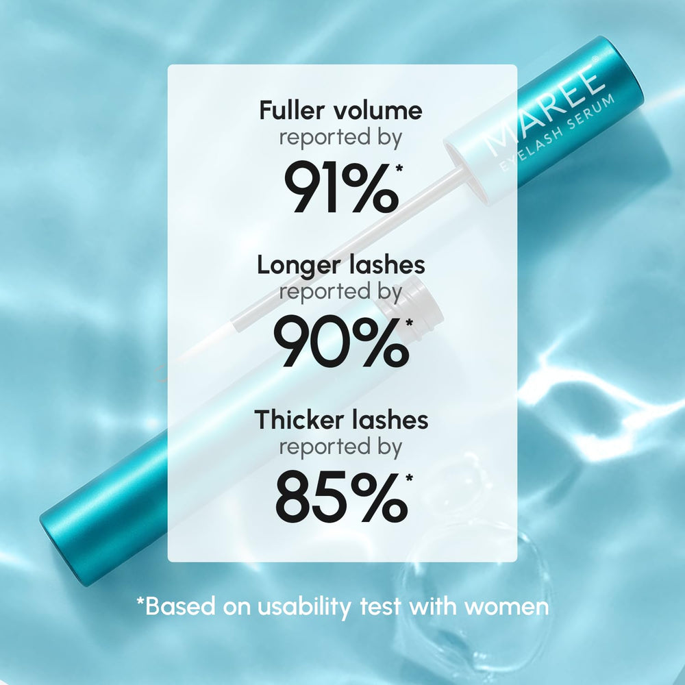 MAREE eyelash serum packaging highlights premium ingredients and easy one-stroke application.