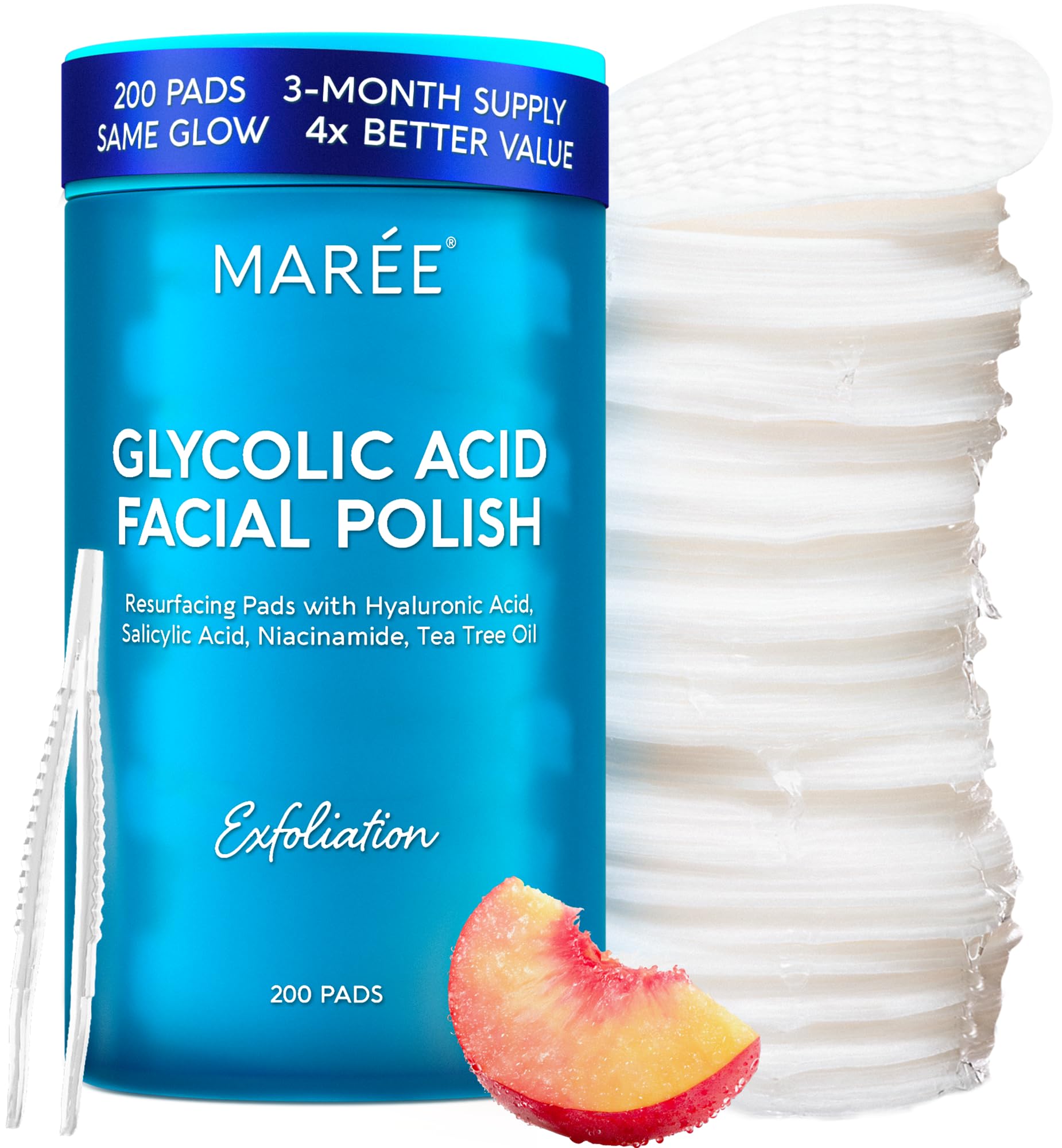 MAREE Glycolic Pads pack front shows 200-count supply for daily exfoliation