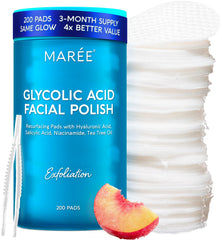 MAREE Glycolic Pads pack front shows 200-count supply for daily exfoliation