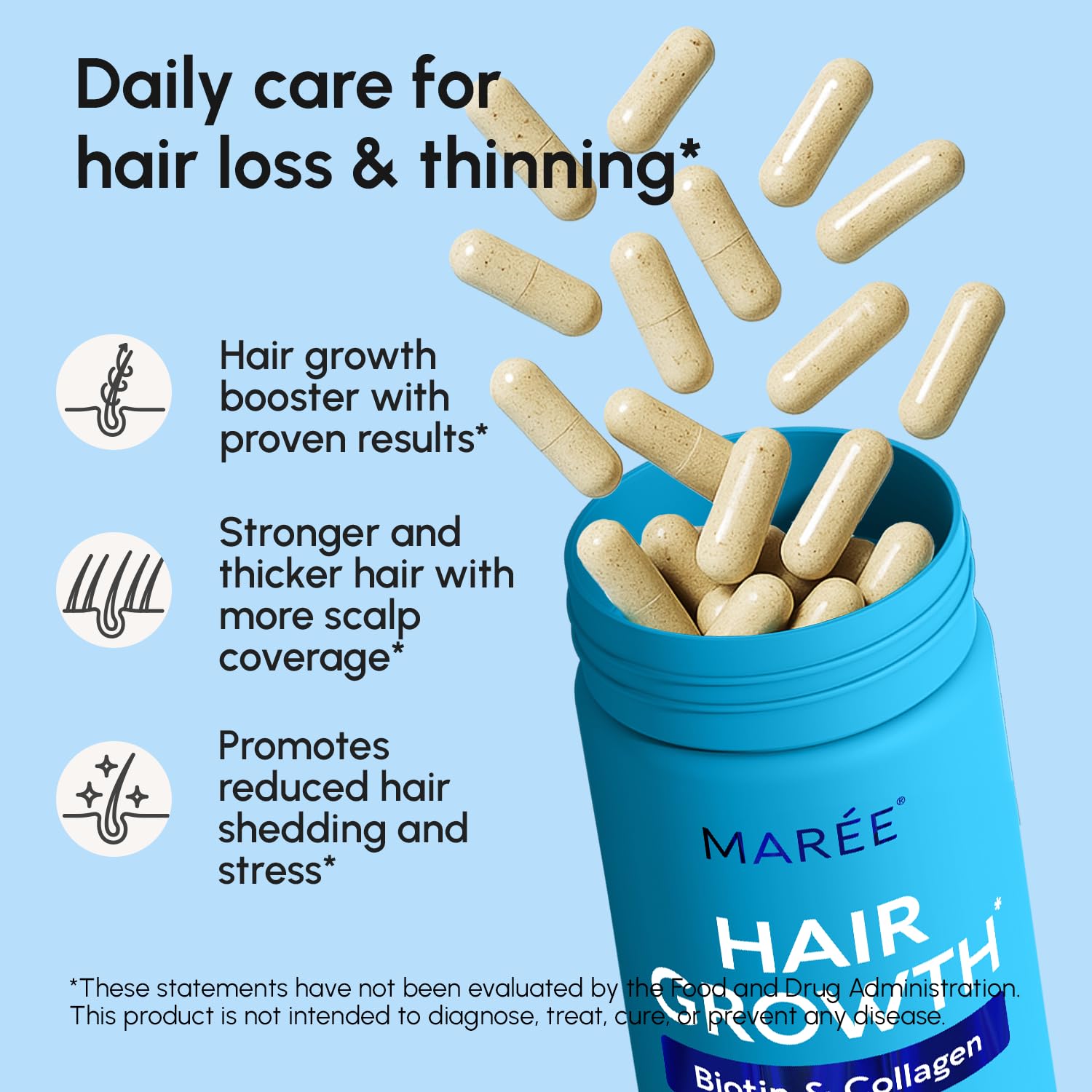 MAREE Hair Growth Bottle with Pills on white background, supports hair health through nutrients.