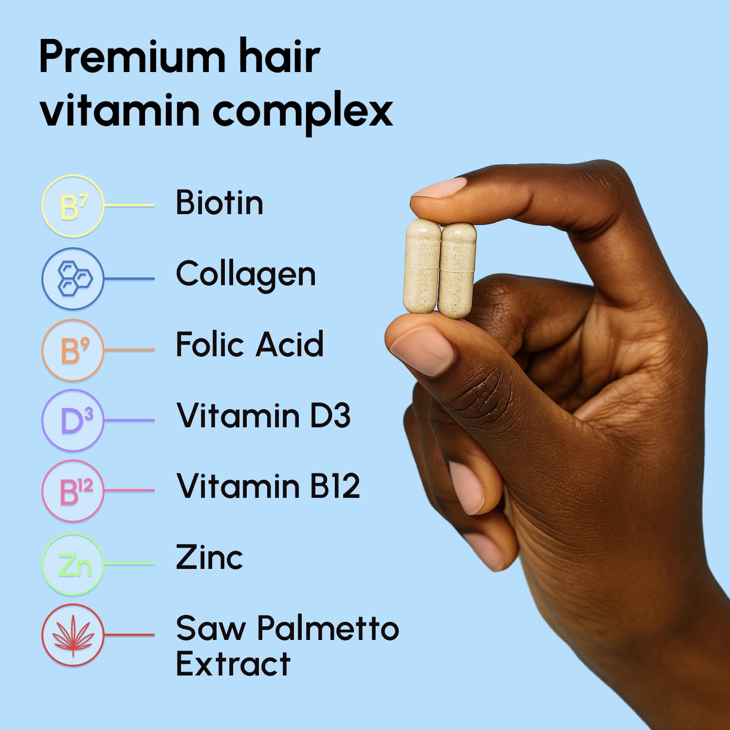 MAREE Hair Growth Glass Bottle on wood surface, premium vitamins for beauty and wellness.