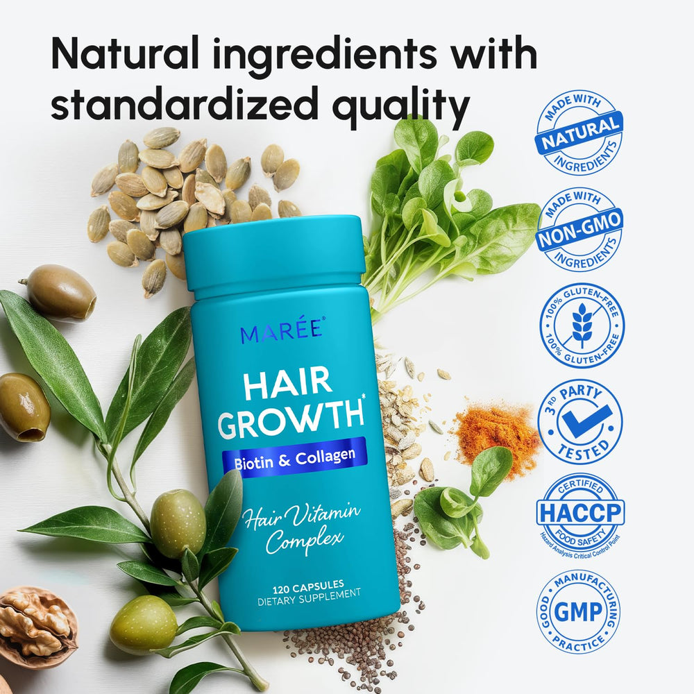 MAREE Hair Growth Ingredients Biotin Collagen closeup, highlighting key nutrients.