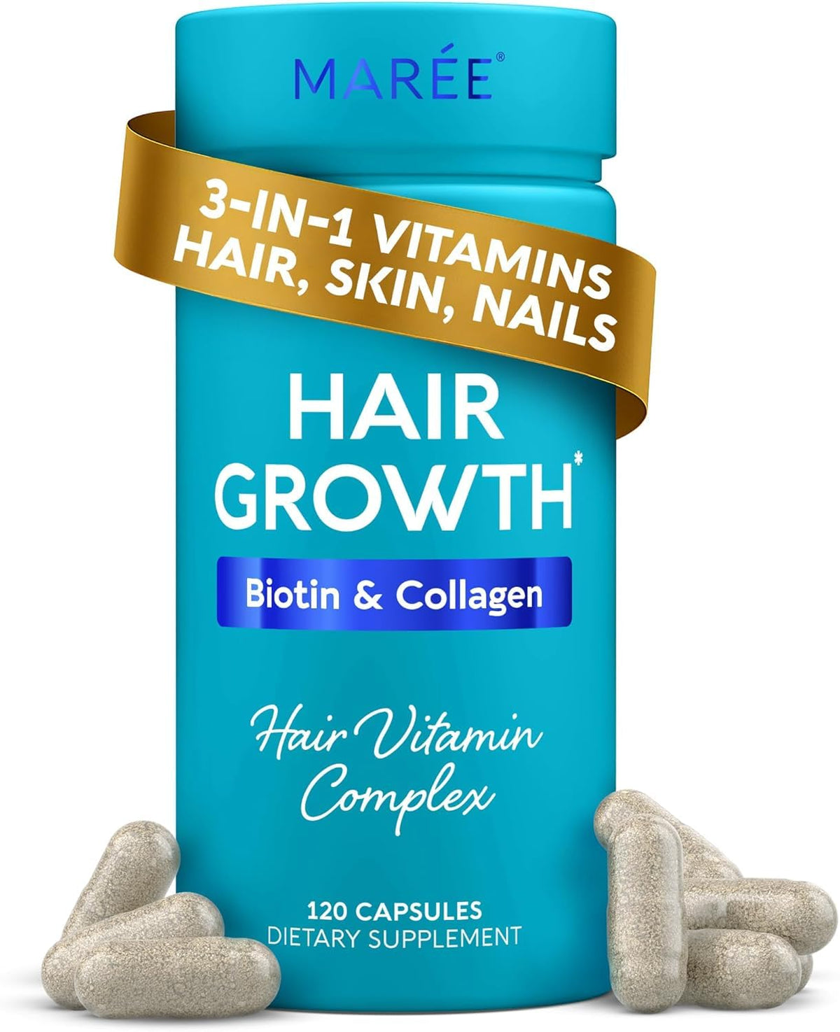 MAREE Hair Growth Vitamins bottle seen, nourishing hair for healthier, fuller strands over time.