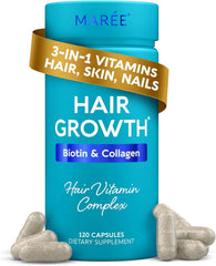 MAREE Hair Growth Vitamins bottle seen, nourishing hair for healthier, fuller strands over time.