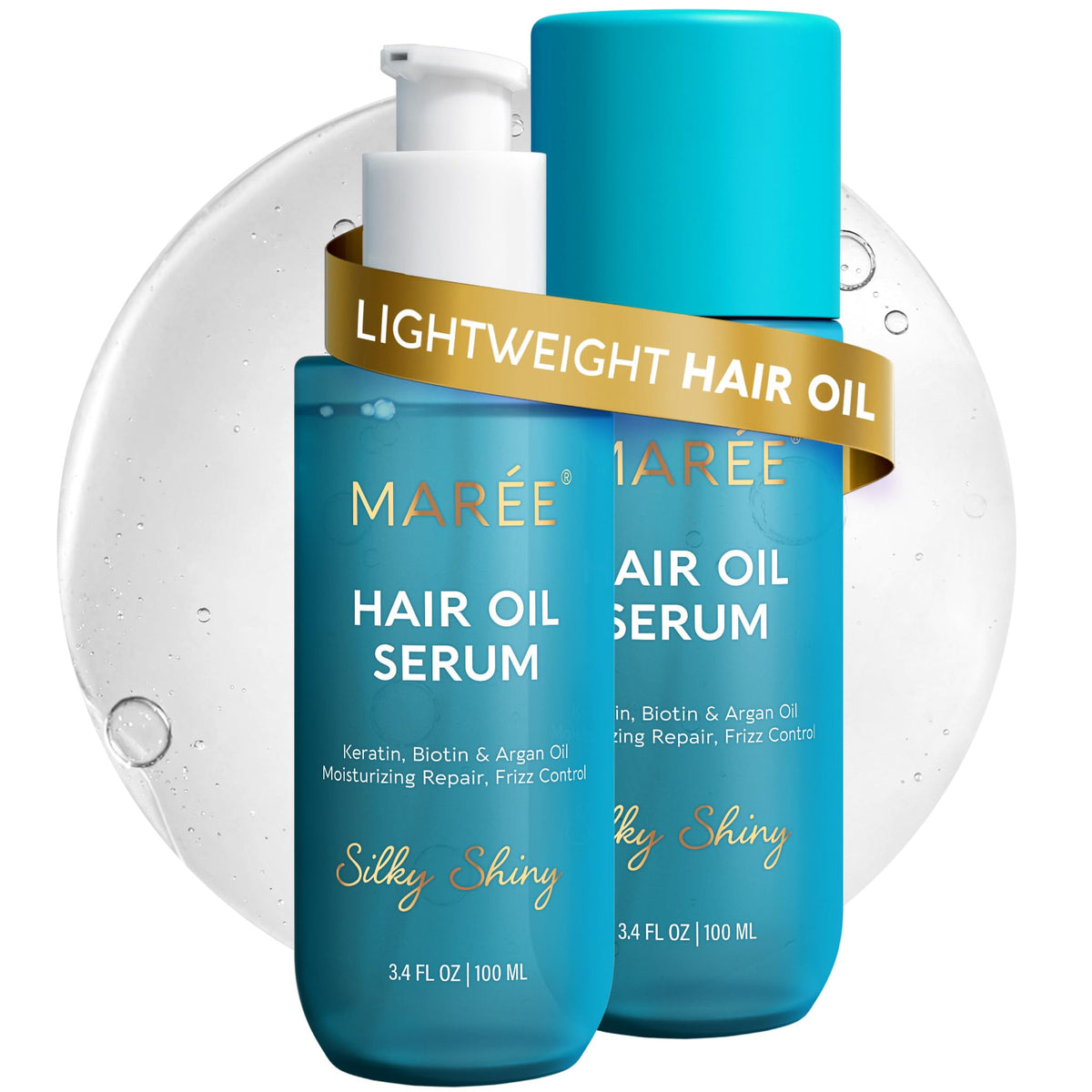MAREE hair oil bottle pour demonstrates anti-frizz hydration and silky shine