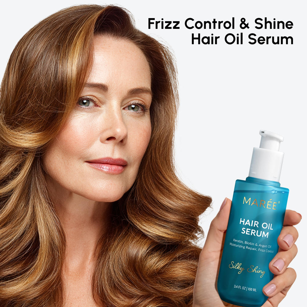 MAREE hair oil dry hair hydration image emphasizes softness and manageability