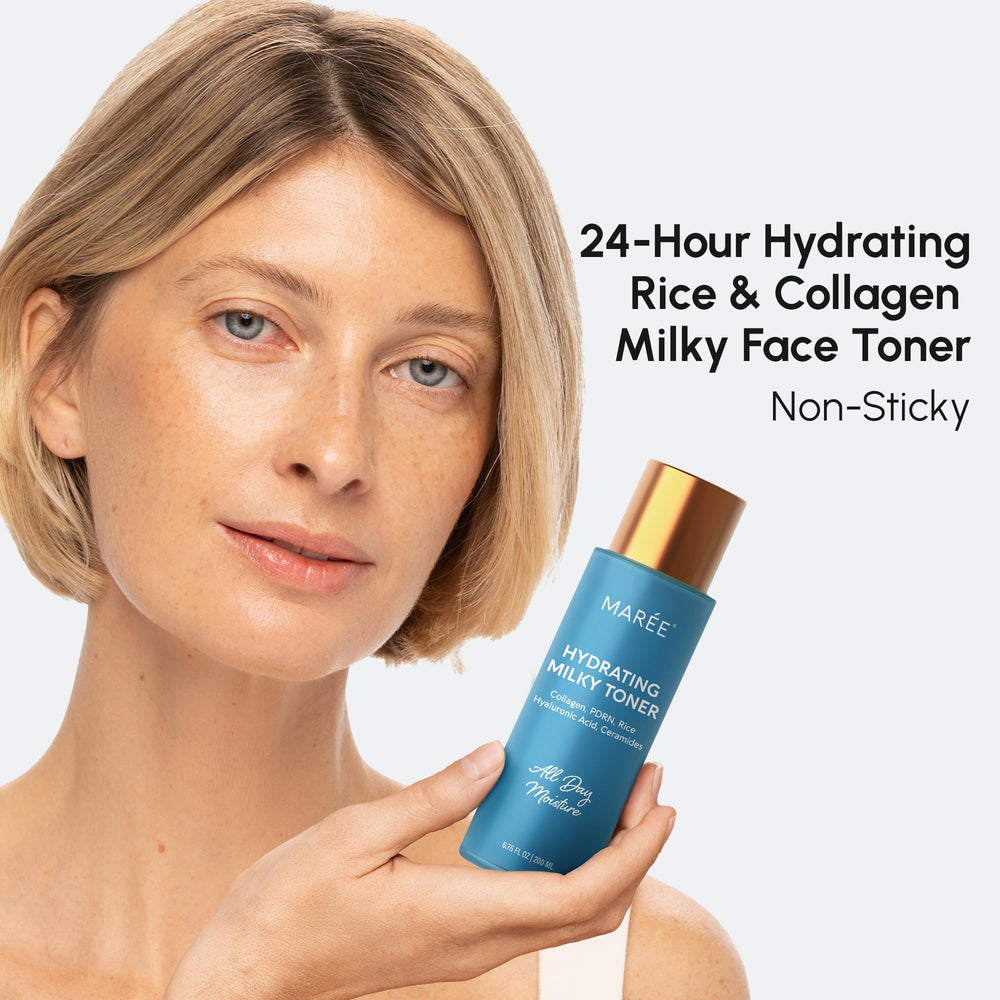 MAREE Hydrating Milky Toner pump-dispense shot demonstrates quick-absorbing hydration.