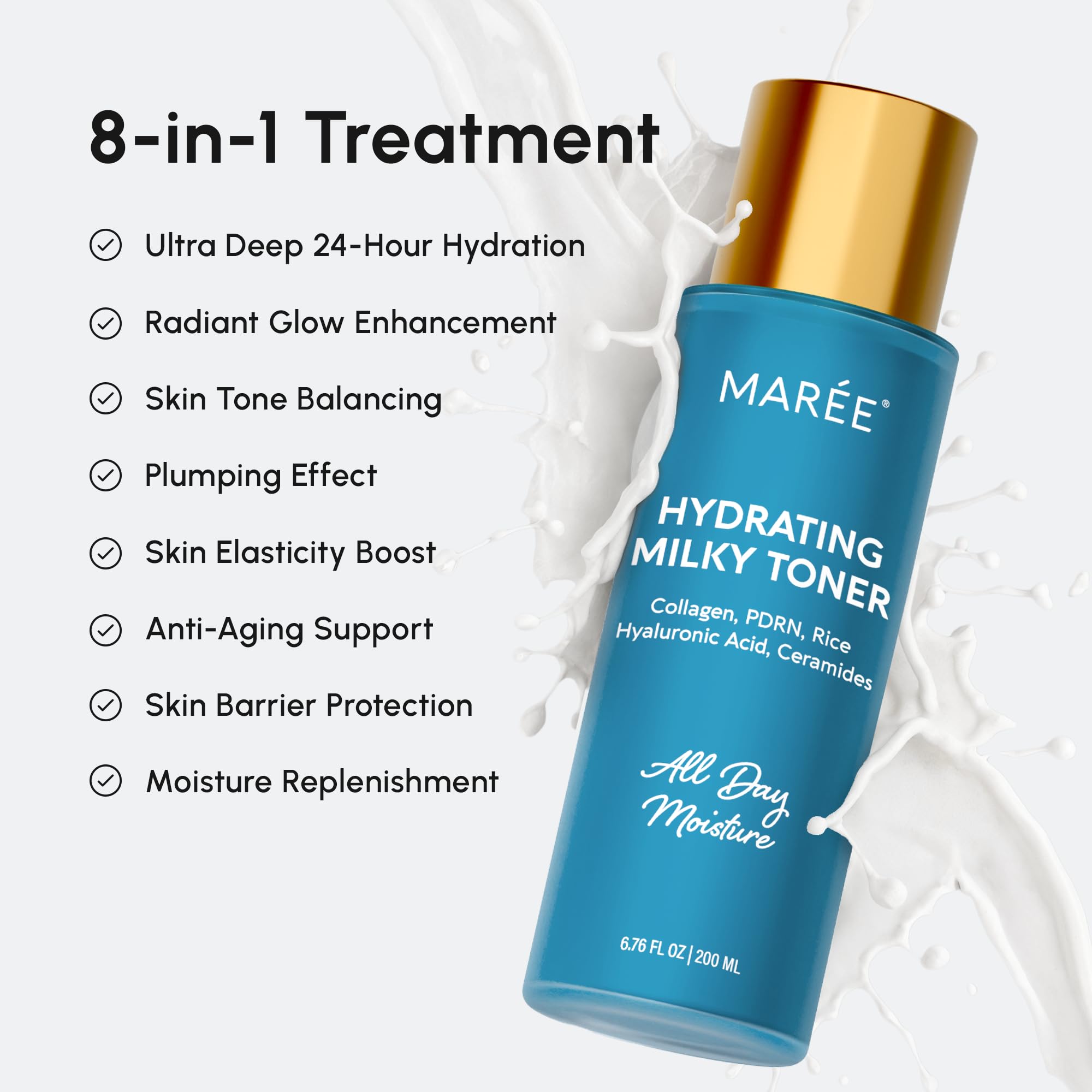 MAREE Hydrating Milky Toner rice ferment highlight hints at refreshed skin.