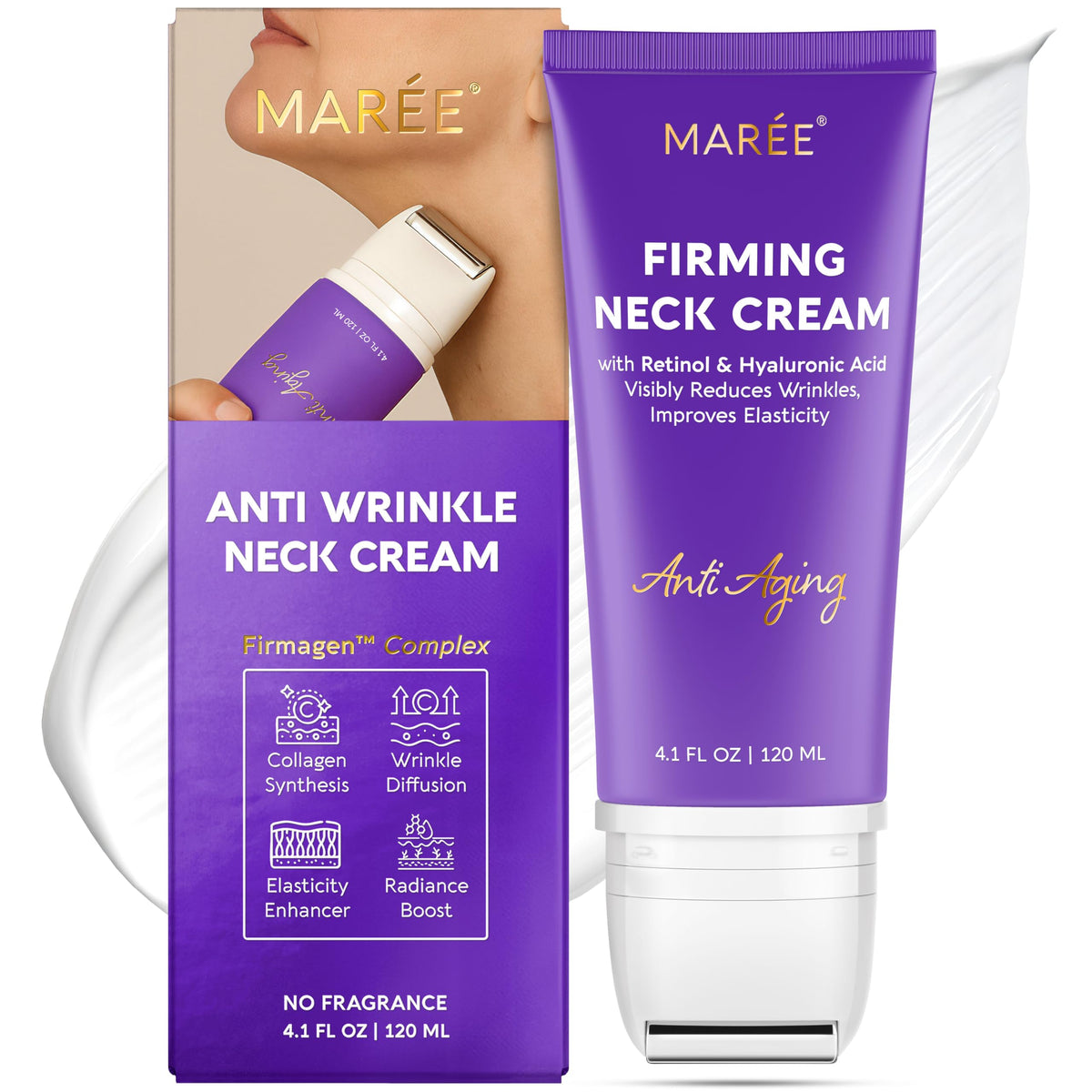 MAREE neck cream roller tightening closeup showing firming action