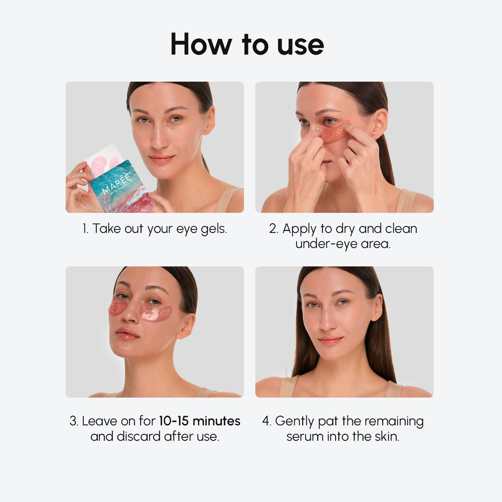 MAREE Pink Eye Gels 10–15 minute application for depuffing and refreshment.