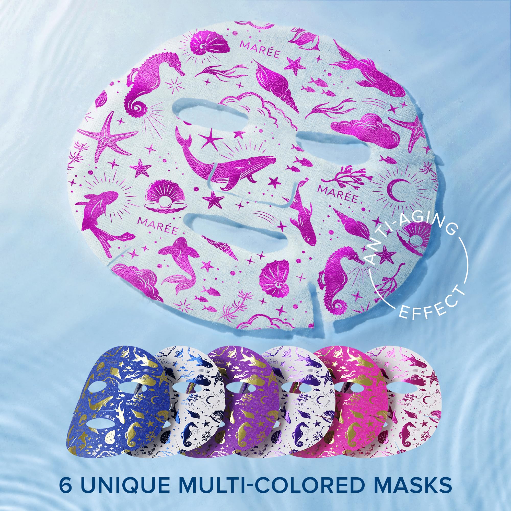 MAREE Collagen Facial Mask with Hyaluronic Acid — Hydrating Sheet Mask with Centella Asiatica, Green & Red Algae Extracts (6 Count)