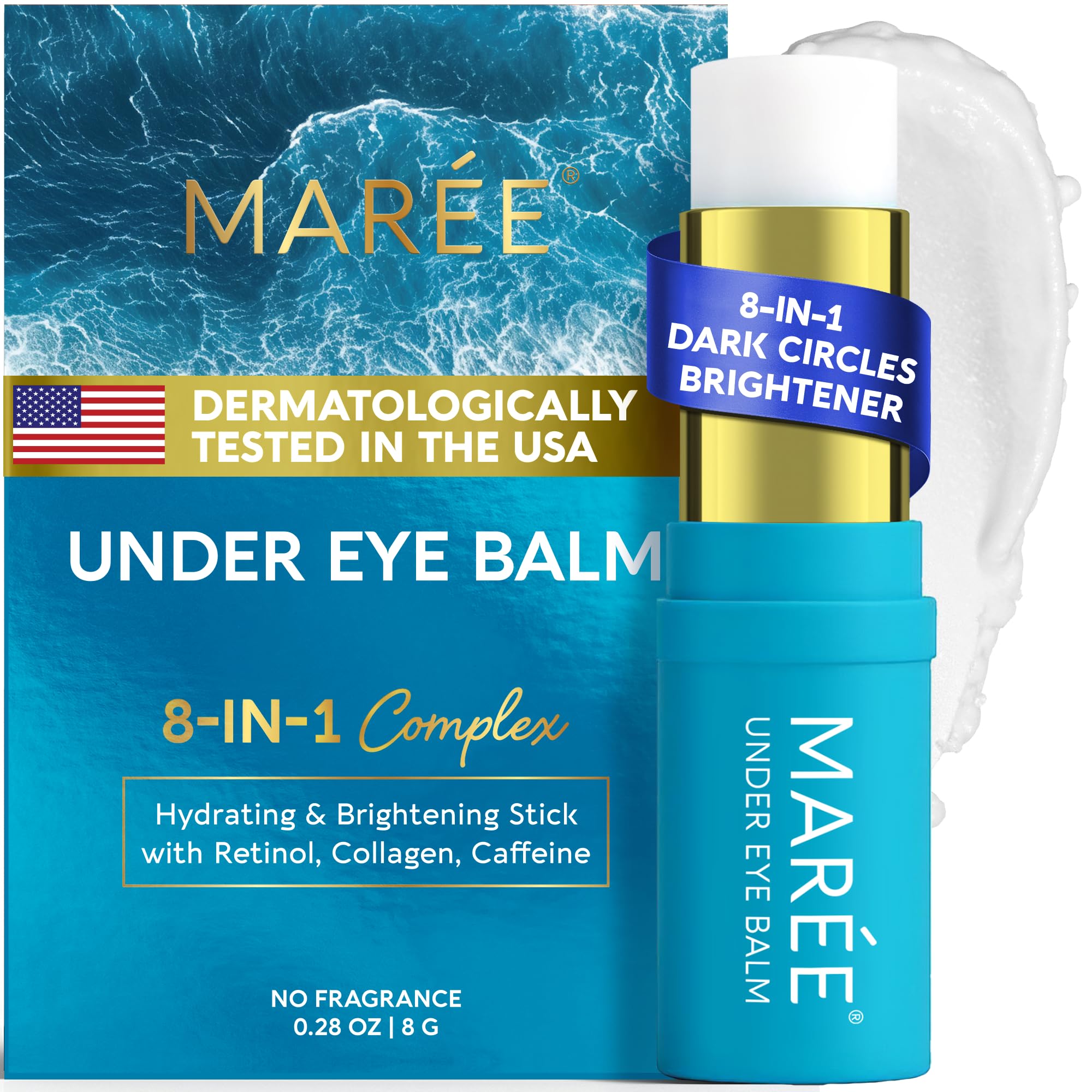 MAREE Under Eye Balm Stick packaging shows a compact travel-friendly design.