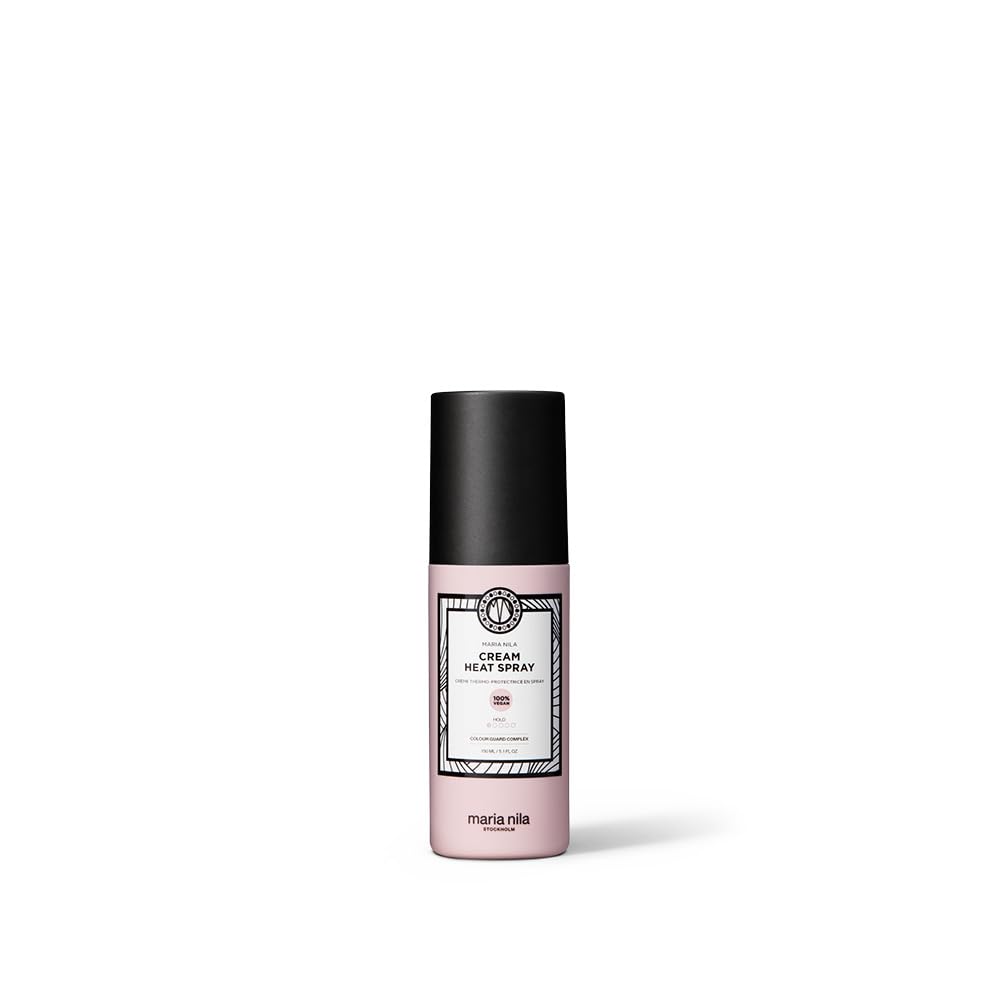 Maria Nila Cream Heat Spray bottle highlighting heat protection and shine benefits.
