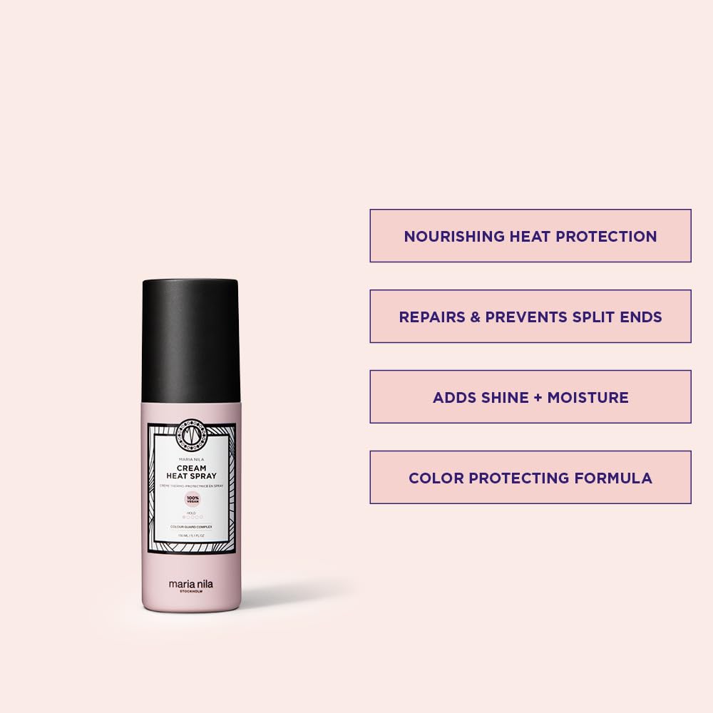 Maria Nila Cream Heat Spray nozzle-dispense demonstrates easy application for styling.
