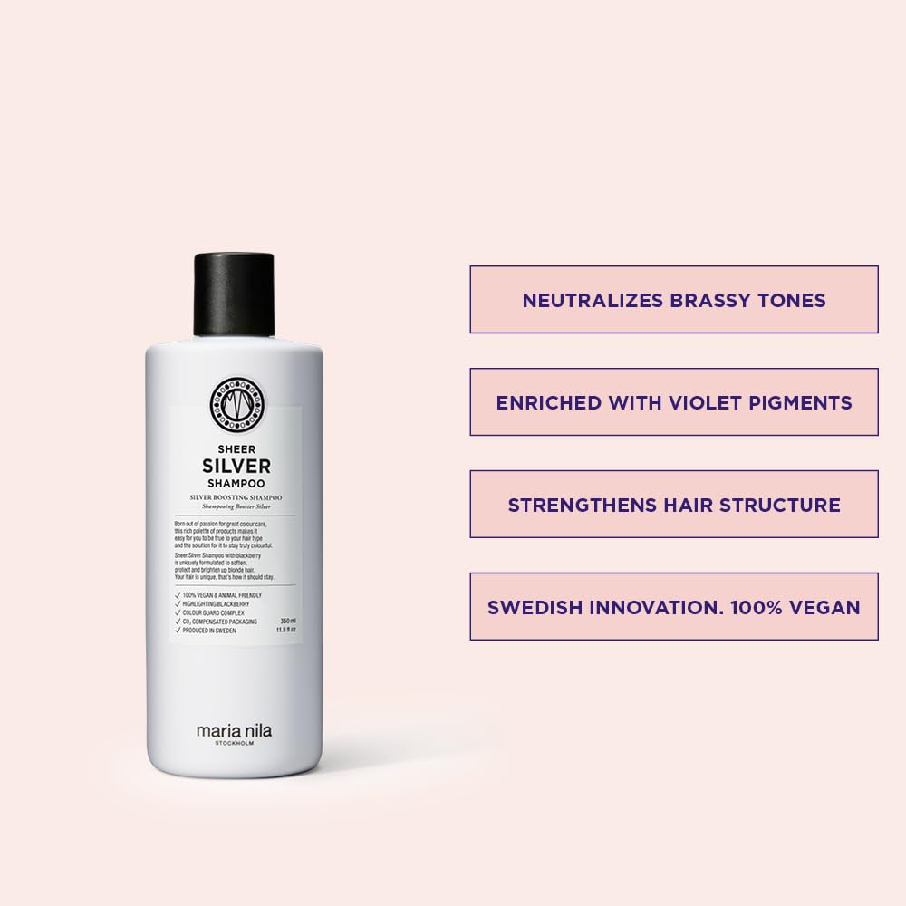 Maria Nila Sheer Silver bottle pour demonstrates violet pigment for color correction