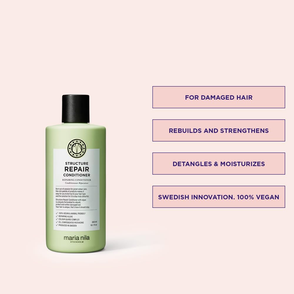 Maria Nila Structure Repair conditioner label closeup shows vegan, sulfate-free formula
