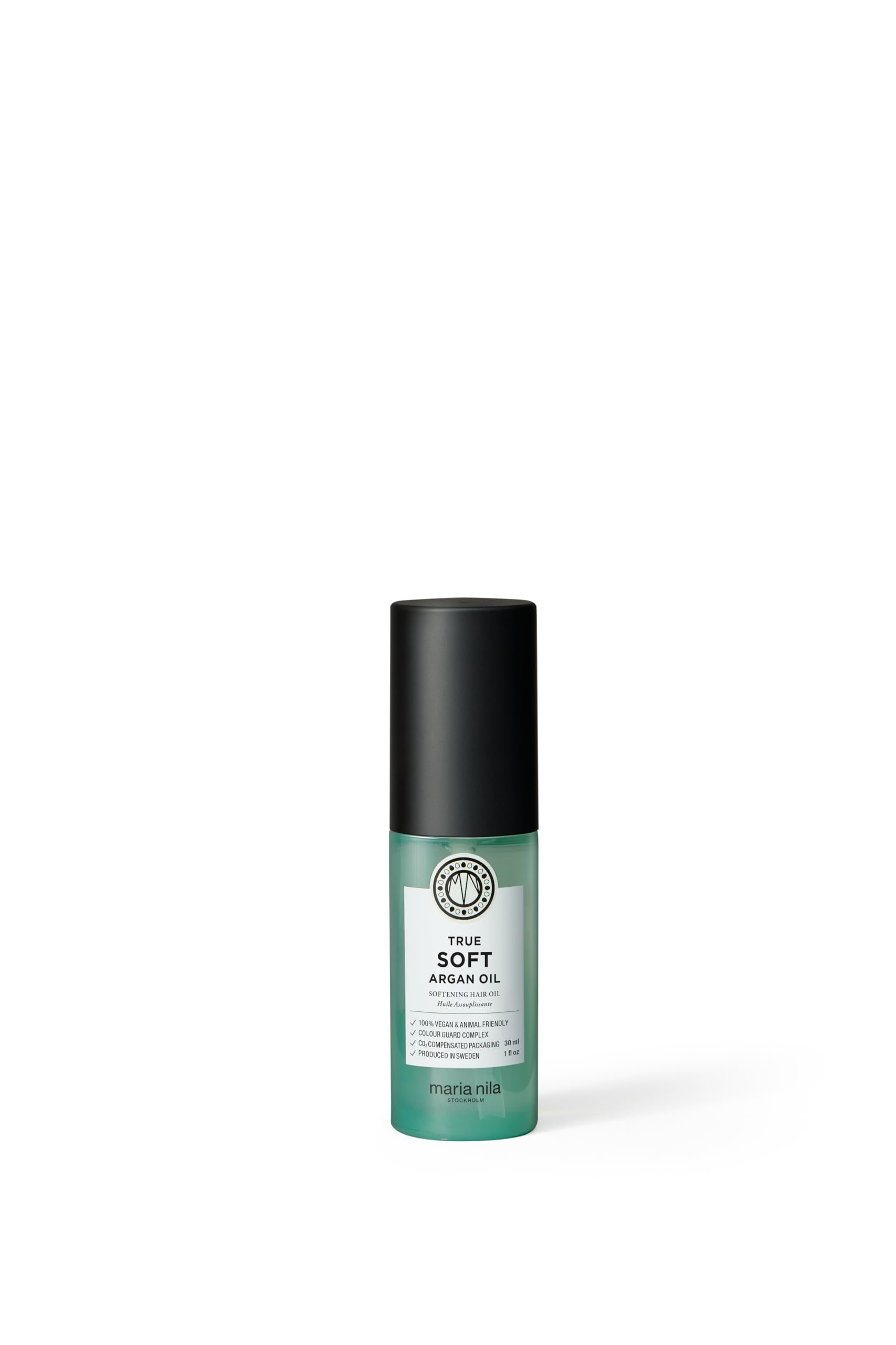 Maria Nila True Soft Argan Oil 30ml bottle provides lightweight nourishment and shine.