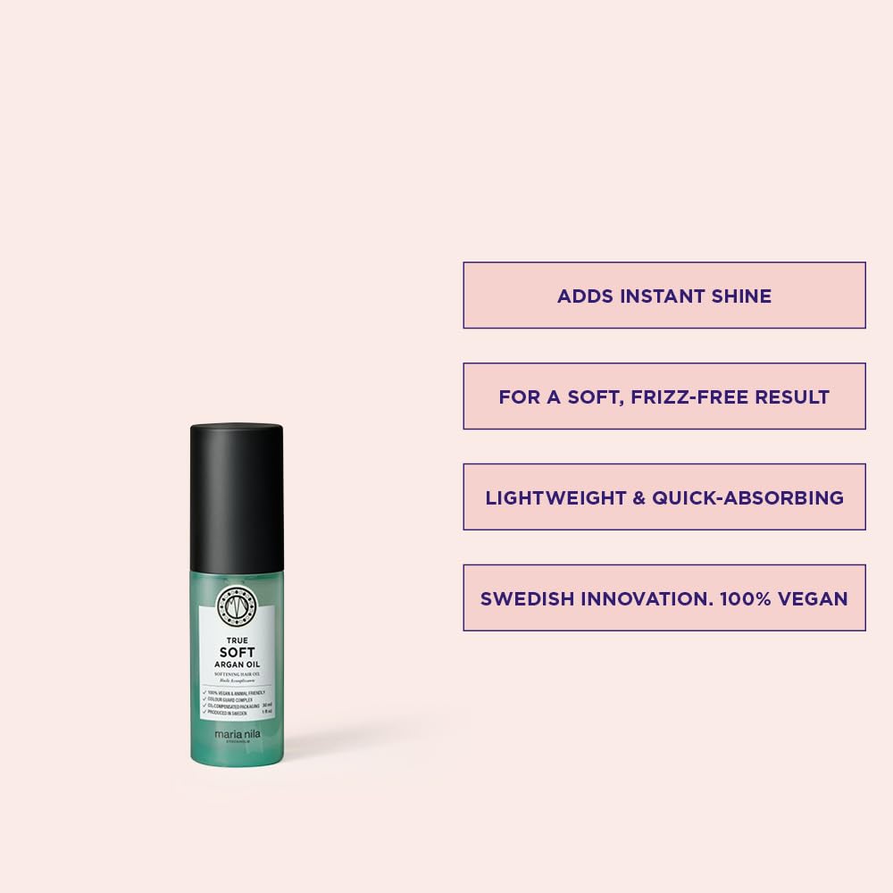 Maria Nila True Soft Argan Oil dispensing pump illustrates easy control and mess-free application.