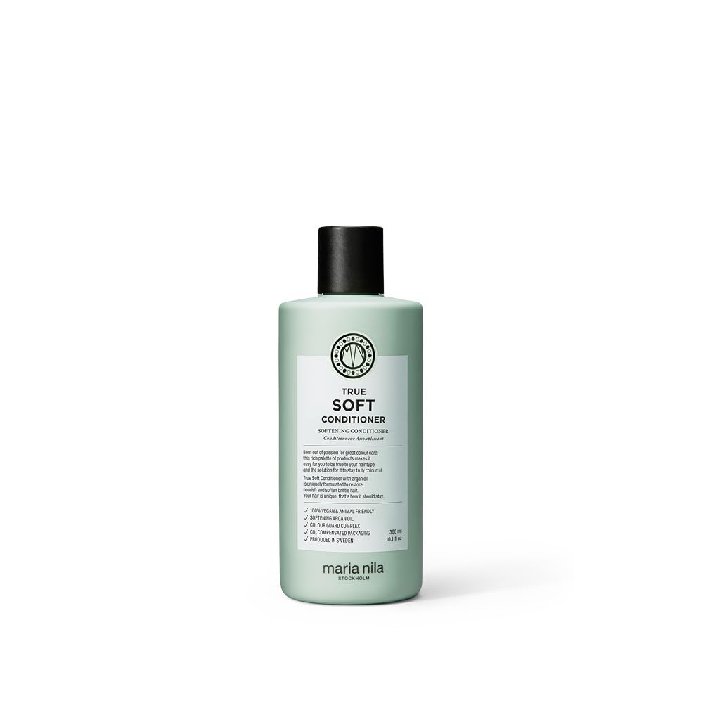 Maria Nila True Soft conditioner bottle shows frizz reduction for smoother hair