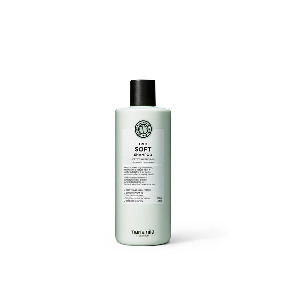 Maria Nila True Soft Shampoo bottle shows vegan, sulfate-free formula for dry hair moisture.
