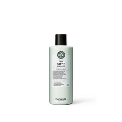 Maria Nila True Soft Shampoo bottle shows vegan, sulfate-free formula for dry hair moisture.